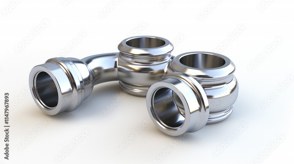 Close up view of various shiny metallic engineering components parts and equipment arranged in a studio setting on a white background Concept of precision manufacturing technology Close up view of various shiny metallic engineering components parts and equipment arranged in a studio setting on a white background Concept of precision manufacturing technology