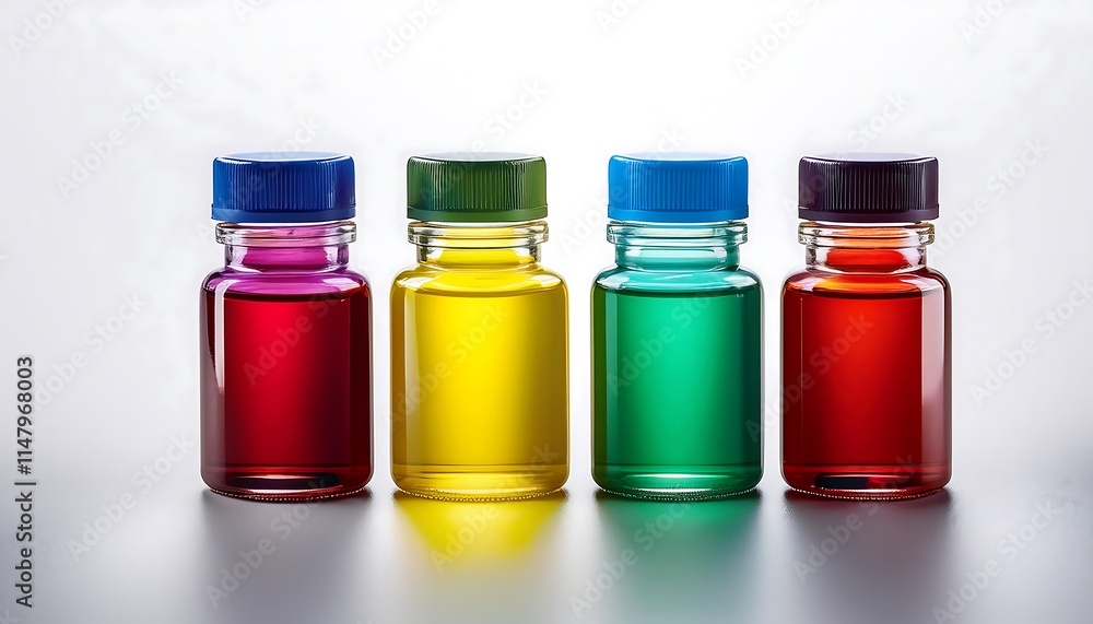 small bottles of food coloring in red, yellow, green, and blue are arranged against a white background small bottles of food coloring in red, yellow, green, and blue are arranged against a white background