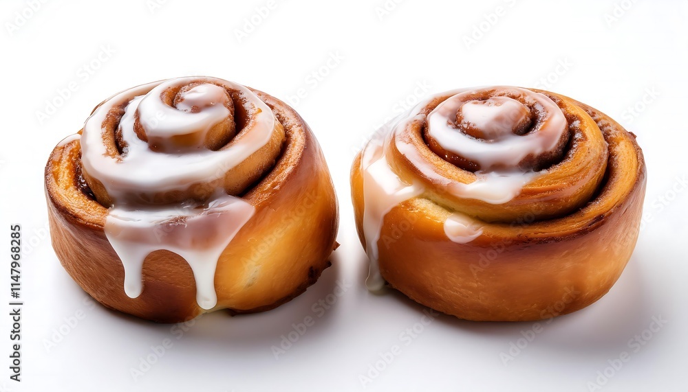 Fototapeta premium Two cinnamon rolls with white icing are shown against a plain white background.