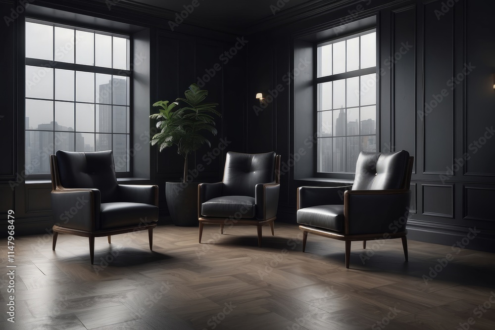 Fototapeta premium Dark waiting room interior with two armchairs and panoramic window,