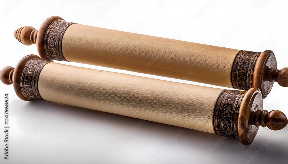 Two scrolls with wooden handles are shown against a white background. Two scrolls with wooden handles are shown against a white background.