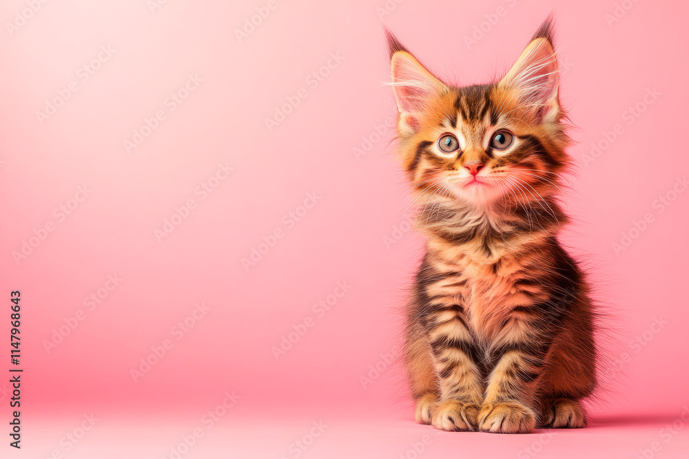 Obraz premium Portrait of cute kitten sitting on a pink background. Free space for text.