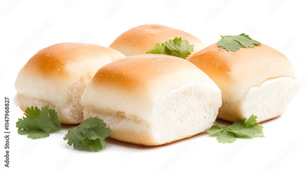 Four Soft Dinner Rolls with Fresh Cilantro Garnish, Ready to Serve A Delicious Meal Four Soft Dinner Rolls with Fresh Cilantro Garnish, Ready to Serve A Delicious Meal
