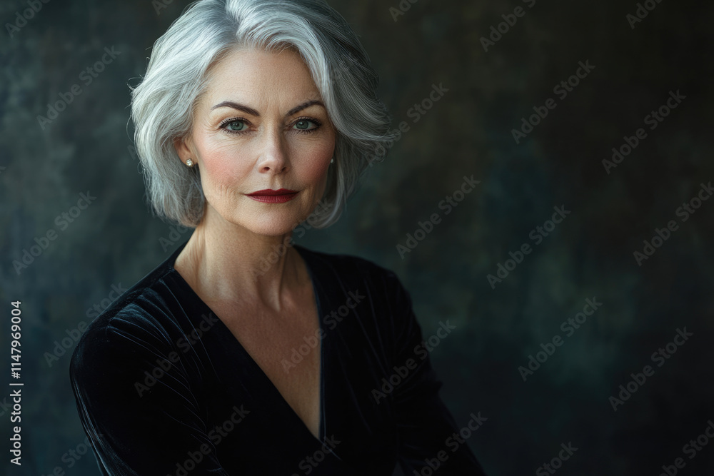 Fototapeta premium Elegant mature woman with short gray hair, wearing a black velvet dress, poses against a dark background.