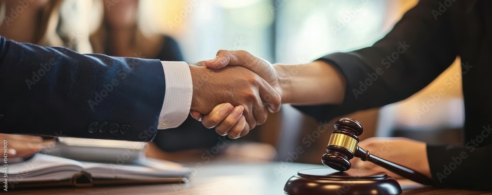Happy man and woman clients handshake close deal with a legal adviser Happy man and woman clients handshake close deal with a legal adviser