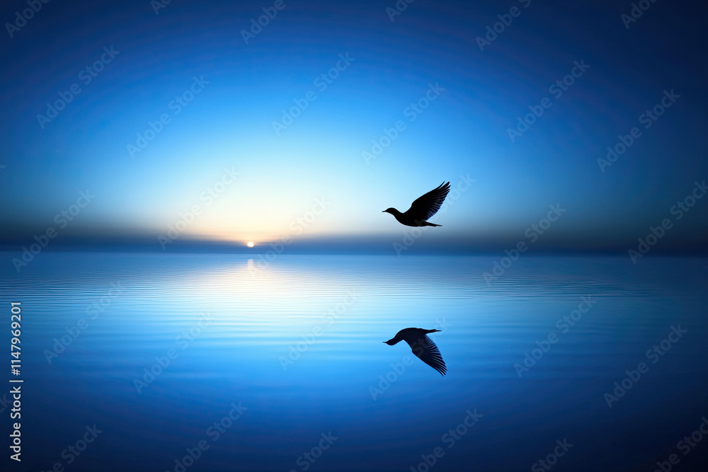 Fototapeta premium Silhouette of a bird in flight over a calm lake at dawn