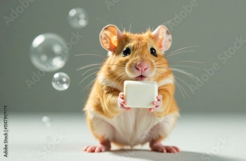 Hamster holds a piece of soap in his hands, soap bubbles are flying in the grey background, copy space for text. Concept: eco pet product, advertising photo, animal care, grooming, funny animals photo