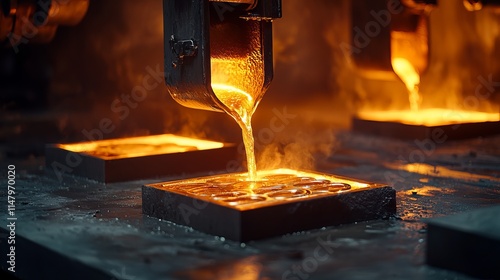imagine prompt: Minimalist industrial landscape, with a large, simple smelter pouring molten gold into molds. Sparse composition with smooth surfaces and muted colors, highlighting the gc429253c60a9