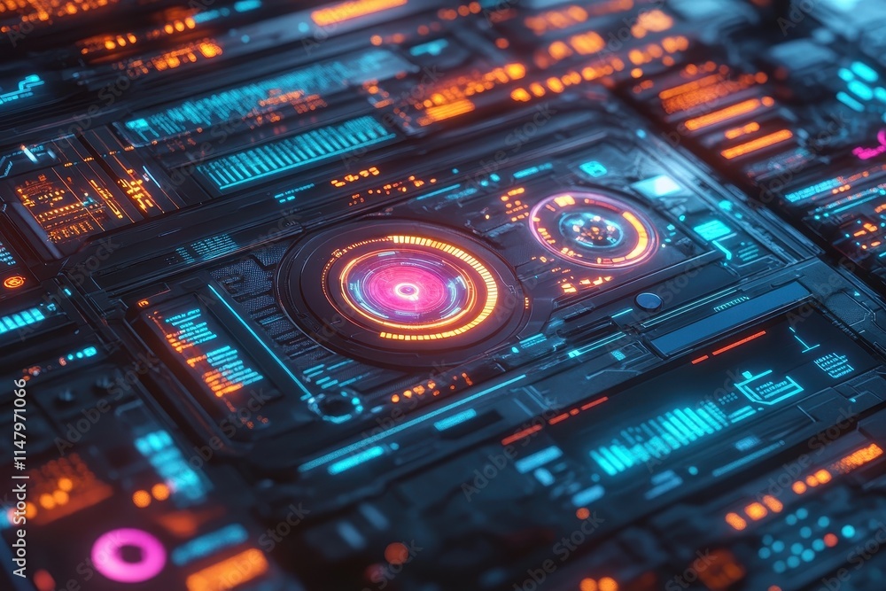 Futuristic glowing circuit board with vibrant neon colors and intricate patterns in a technology setting Futuristic glowing circuit board with vibrant neon colors and intricate patterns in a technology setting