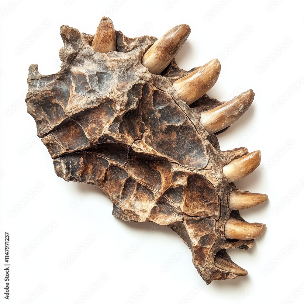 Obraz premium Detailed Close-Up of Dinosaur Fossil Featuring Sharp Teeth in Natural Texture
