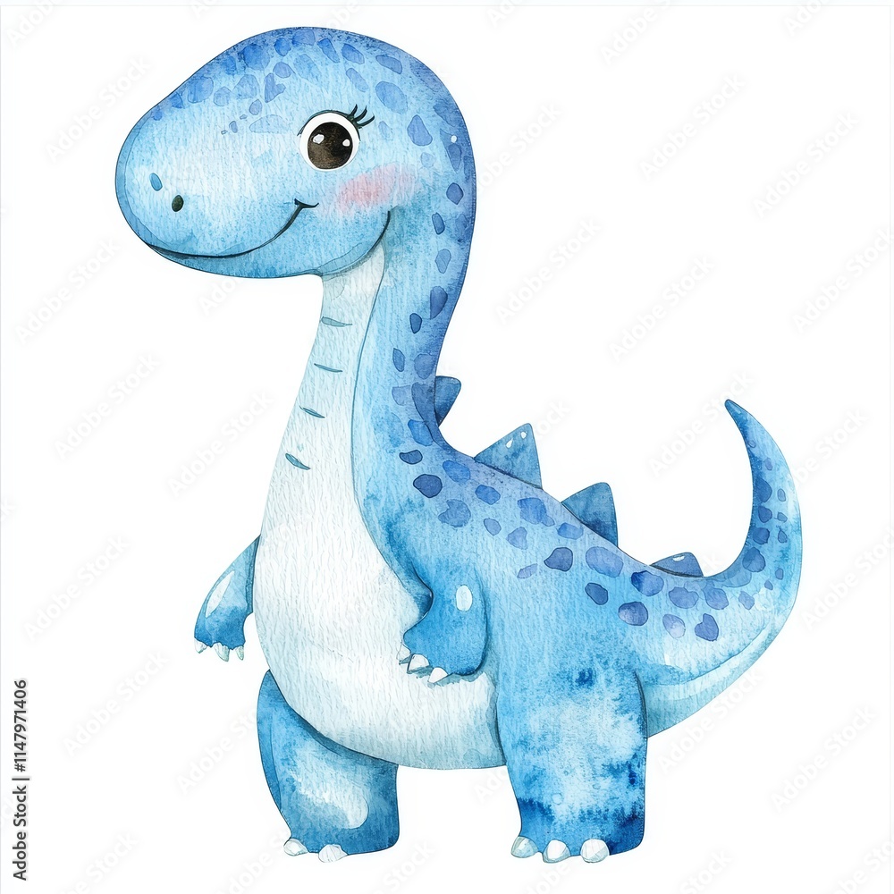 Naklejka premium Whimsical Blue Watercolor Dinosaur Illustration Perfect for Modern Nursery Decor and Children's Art Projects