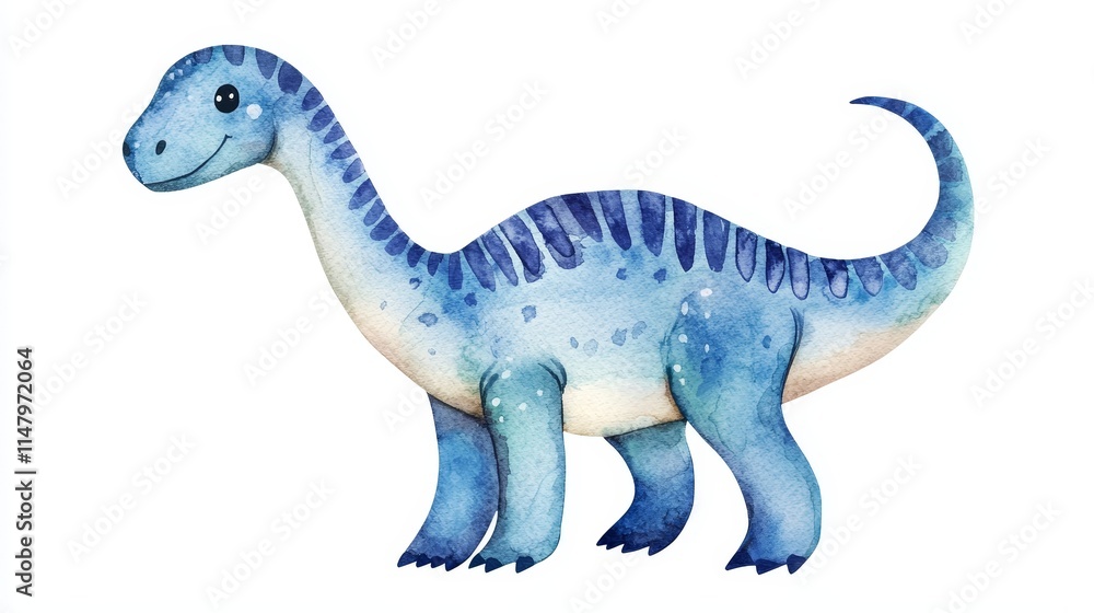 Obraz premium Watercolor Illustration of a Cute Blue Dinosaur with a Friendly Expression and Playful Stance