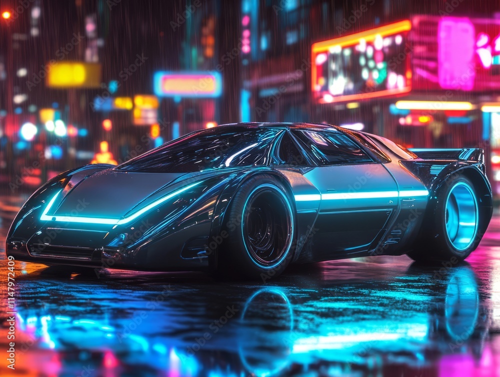 Futuristic sports car parked on rainy cyberpunk city street at night Futuristic sports car parked on rainy cyberpunk city street at night