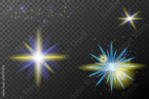 Wallpaper Mural Set of light effects isolated flare explosion shiny line dust solar flare star spark neon light holidays festival, vector element blue yellow Torontodigital.ca