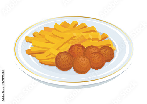 French fries and meatballs on a plate vector illustration. Roasted meatballs and french fries icon vector isolated on a white background