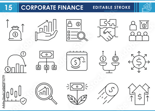 A set of line icons related to Corporate finance. Capital budgeting, Financial modeling, Valuation, Corporate strategy, Risk management, Equity financing, Leverage, and so on. Vector editable stroke.