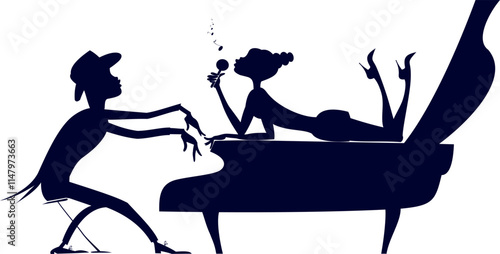Couple musicians. Singer woman and pianist man. 
Duet of musicians. Pianist man and singer woman with a microphone lays on a piano. Black on white silhouette
