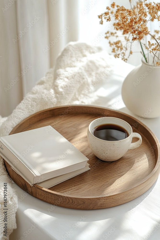 Wooden tray with a cup of coffee and a book on a white surface Wooden tray with a cup of coffee and a book on a white surface