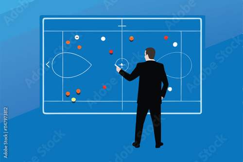 A focused soccer manager meticulously analyzes a tactical board, strategizing formations and player positions during a match preparation.