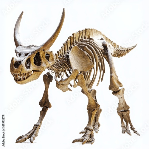 Detailed Styracosaurus albertensis Skeleton Display on White Background for Educational Purposes photo