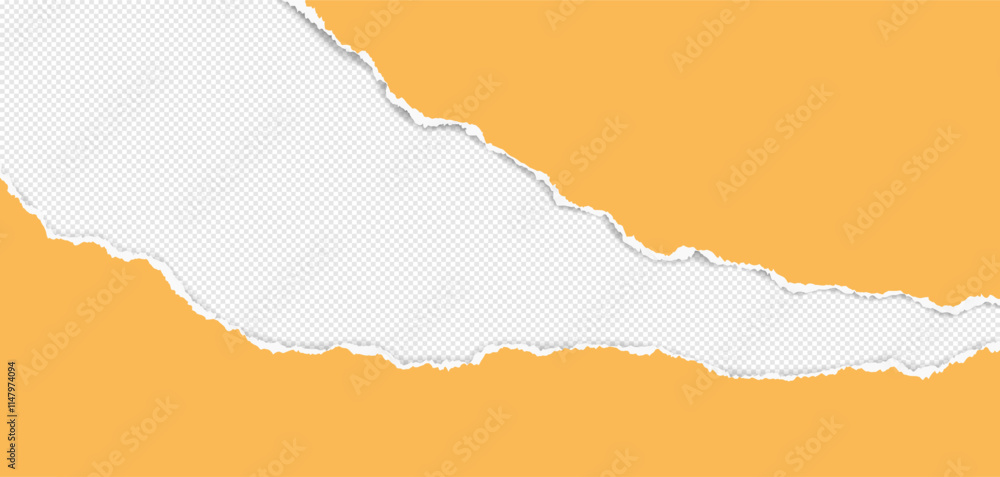 Yellow piece of paper with torn edges and soft shadow are on grey background for text or ad.