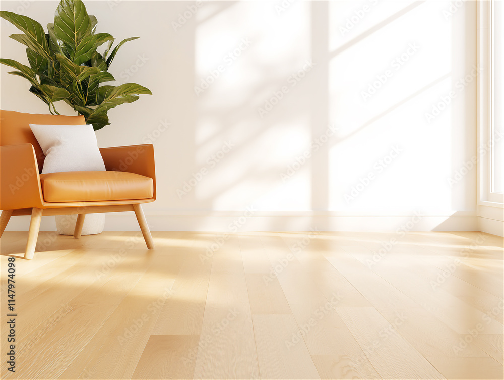 Bright minimalistic interior with a wooden floor, a green plant, and natural lighting. The empty space is ideal for copy space and modern design concepts. Bright minimalistic interior with a wooden floor, a green plant, and natural lighting. The empty space is ideal for copy space and modern design concepts.