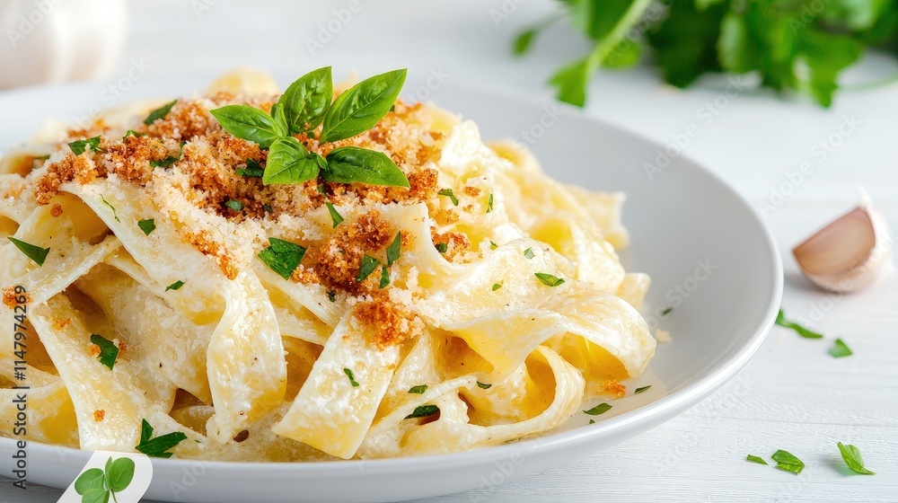 Creamy pasta dish with breadcrumbs and basil garnish on a white plate. Creamy pasta dish with breadcrumbs and basil garnish on a white plate.