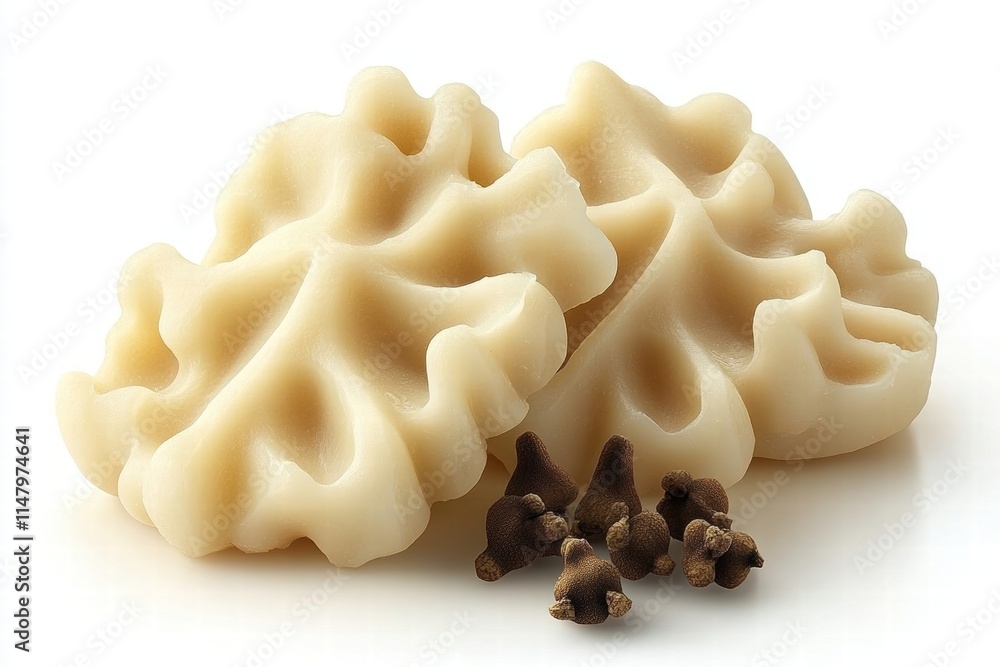 Decorative Natural Organic Coconut Butter in Intricate Floral Shapes with Dark Chocolate Sprinkles on a Light Background for Culinary Presentation Decorative Natural Organic Coconut Butter in Intricate Floral Shapes with Dark Chocolate Sprinkles on a Light Background for Culinary Presentation