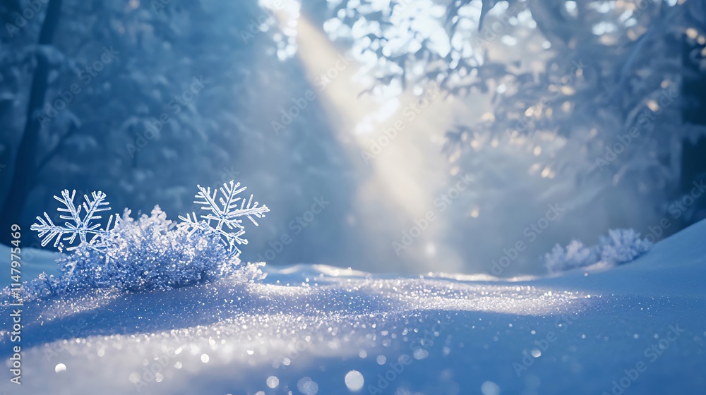 Sunbeams illuminate a frosty winter forest scene with snow covering the ground and delicate ice crystals on a plant. Sunbeams illuminate a frosty winter forest scene with snow covering the ground and delicate ice crystals on a plant.