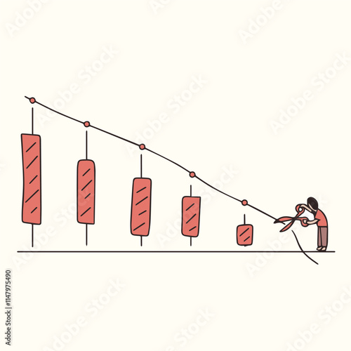 vector illustration of stop loss in stocks market, cut loss trading market, lose out, red graphic with man cutting line with scissor 