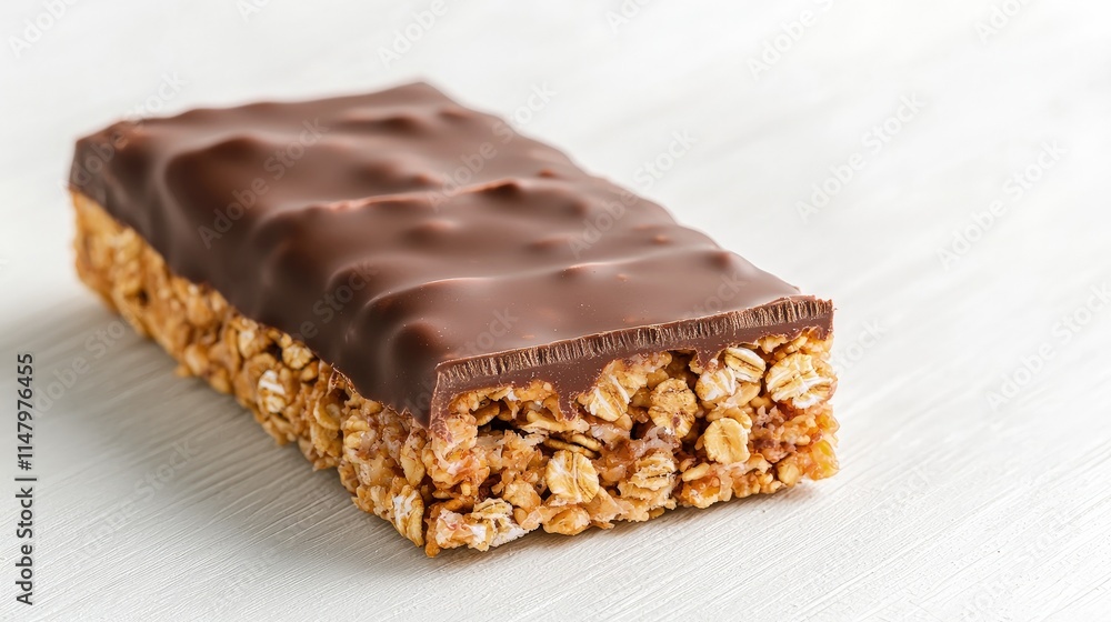 Chocolate-covered granola bar on white wood. Chocolate-covered granola bar on white wood.