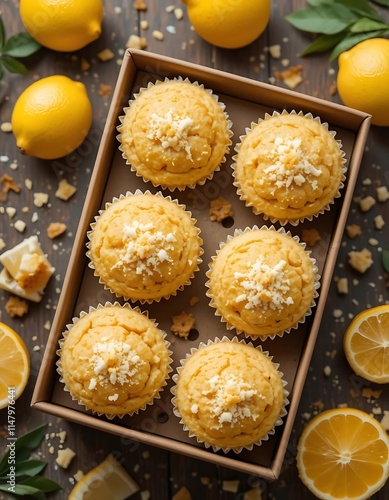 Rustic Lemon Muffins with Fresh Lemons and Crumbs photo