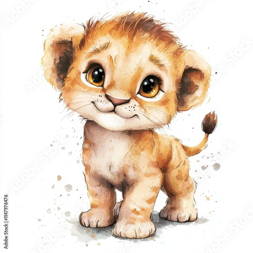 Cute Watercolor Lion Cub Character with Expressive Eyes and Playful Pose