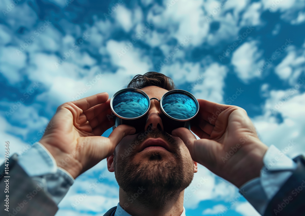 Man Gazing at Sky through Sunglasses on a Cloudy Day, Concept of Vision and Exploration Man Gazing at Sky through Sunglasses on a Cloudy Day, Concept of Vision and Exploration