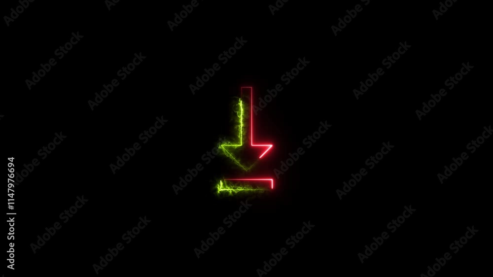 Direction arrow down neon light glowing sign icon colorful animation. Black background 4k video. Direction arrow down neon light glowing sign icon colorful animation. Black background 4k video.