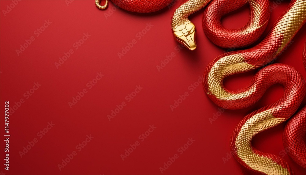 Top view of red and golden snakes on red background with copy space. 2025 , year of the snake. Generated image Top view of red and golden snakes on red background with copy space. 2025 , year of the snake. Generated image