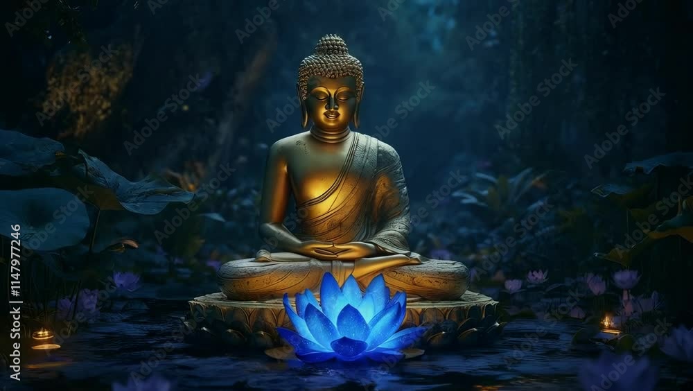 golden buddha statue. A serene golden Buddha statue illuminated by a glowing blue lotus golden buddha statue. A serene golden Buddha statue illuminated by a glowing blue lotus