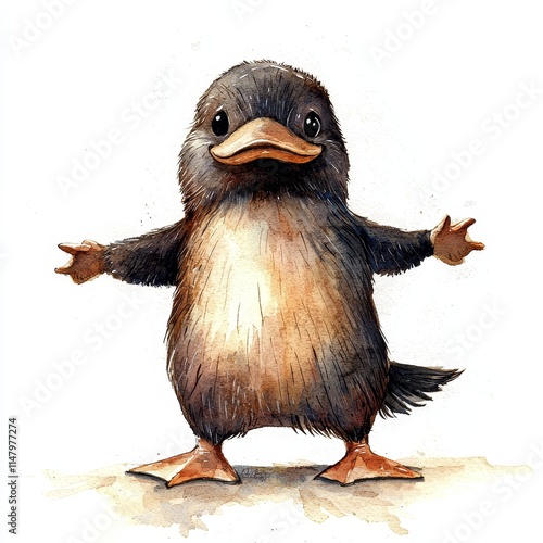 Cute Watercolor Character of a Platypus with a Playful Expression and Charming Pose photo