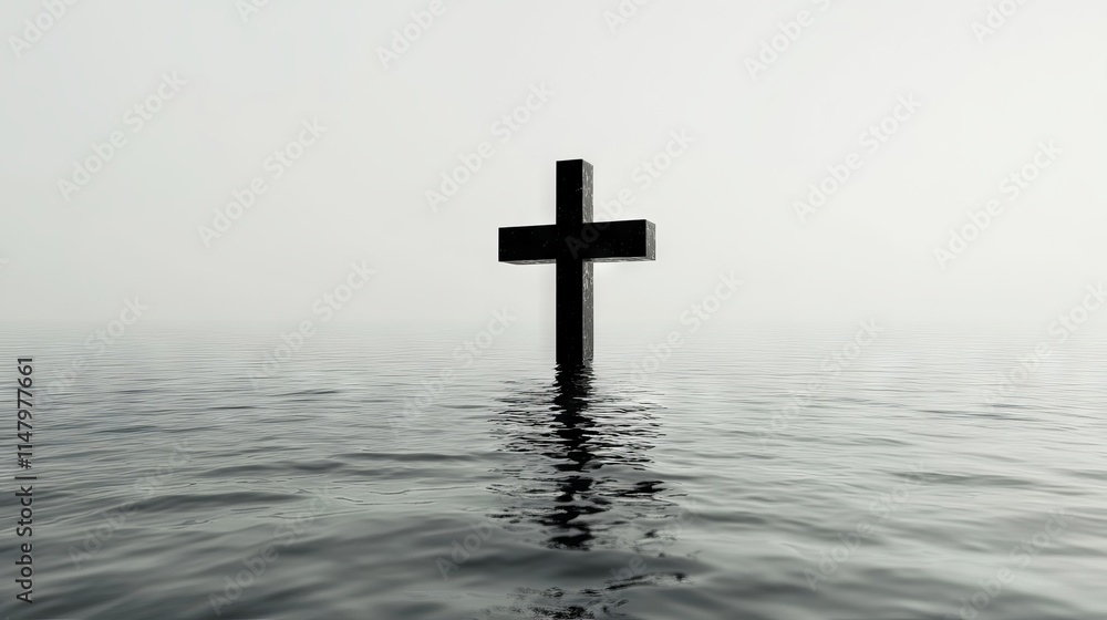 A black cross is floating in the water. The water is calm and the sky is cloudy. Concept of peace and serenity A black cross is floating in the water. The water is calm and the sky is cloudy. Concept of peace and serenity