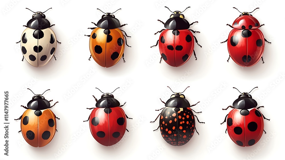 Fototapeta premium Collection of Eight Different Ladybugs in Vibrant Colors and Patterns