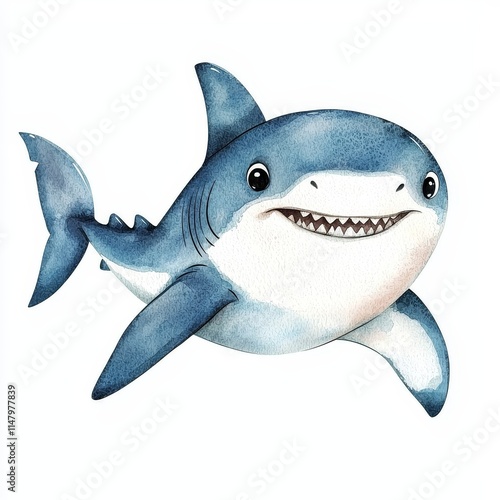 Cute Watercolor Shark Character Swimming in Blue Ocean Watercolor Art for Kids and Aquatic Themes photo