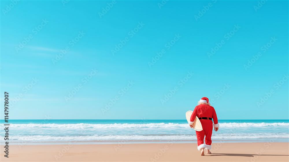 Santa Claus enjoying a summer day on the beach, captured walking toward the ocean. A festive yet summery combination, great for creative seasonal designs. Santa Claus enjoying a summer day on the beach, captured walking toward the ocean. A festive yet summery combination, great for creative seasonal designs.