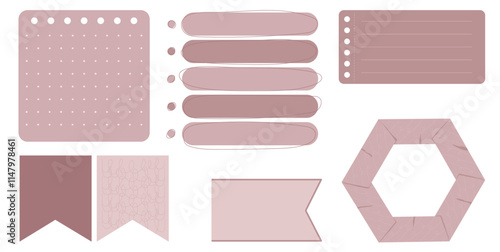 Collection of Cute Blank paper notes for to-do list, Daily and Weekly Planner. Scrapbook Stickers, different pieces of washi tape and bookmarks for scheduler or organizer