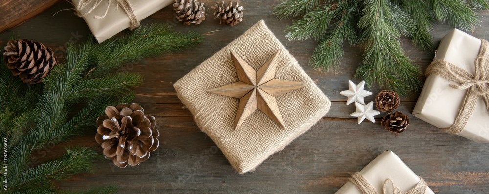A top view of rustic Christmas gifts wrapped in burlap with pine branches, wooden star, and festive decorations, capturing a natural holiday theme A top view of rustic Christmas gifts wrapped in burlap with pine branches, wooden star, and festive decorations, capturing a natural holiday theme