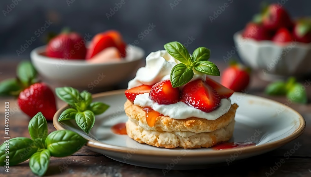 Delicious Strawberry Shortcakes with Whipped Cream and Basil Delicious Strawberry Shortcakes with Whipped Cream and Basil