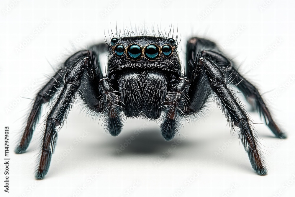 Close-Up Portrait of a Black Spider on a Light Background, Showcasing Intricate Details of Its Eyes and Texture, Perfect for Educational and Nature Content Close-Up Portrait of a Black Spider on a Light Background, Showcasing Intricate Details of Its Eyes and Texture, Perfect for Educational and Nature Content