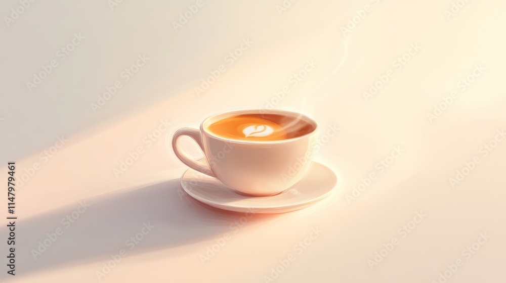 A white coffee cup with a white saucer. The coffee is steaming. The cup is sitting on a white table