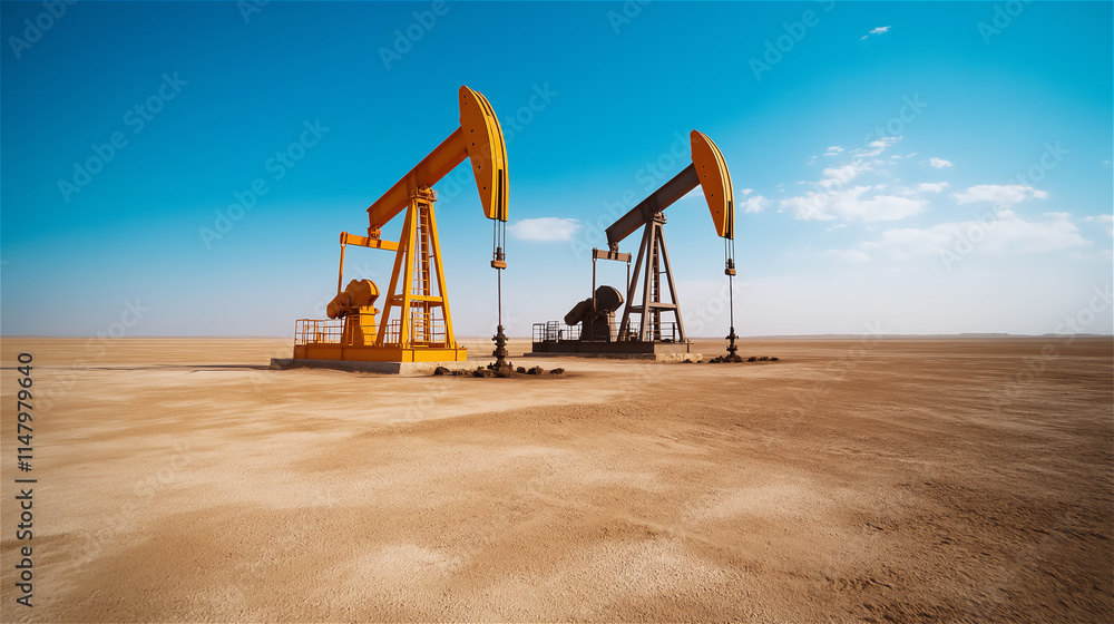 Fototapeta premium Oil pumps working in a vast desert landscape under a clear blue sky, symbolizing energy production, industry, and environmental themes.