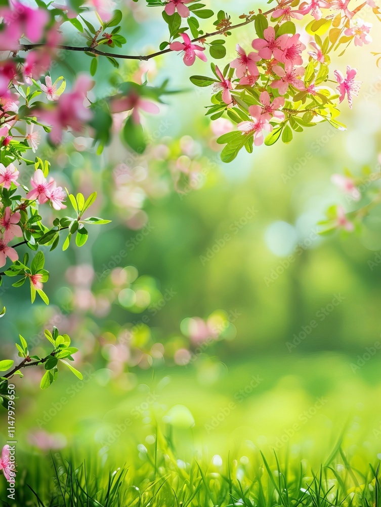 Beautiful pink flowers blooming on branch in spring with green grass and sunlight