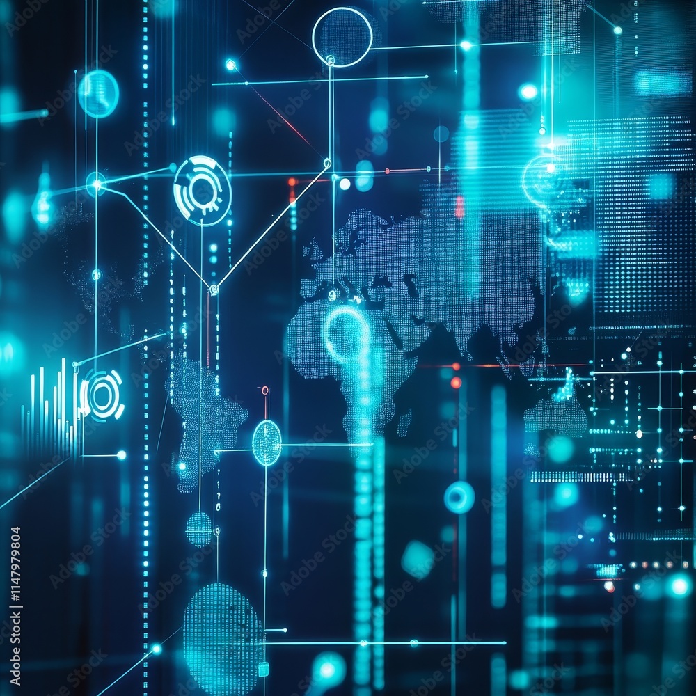 Obraz premium Visual Representation of Global Network Connections With Digital Elements Highlighting Data Flow and Geographical Aspects